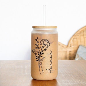 Personalized Glass Tumbler with Name and Birth Flower Gift for her Birthday Great for iced coffees and other beverages.  Glass Coffee cup with Lid and Straw for Mothers Day gift for Mom, bridesmaid gift, party favors and gift for friends.