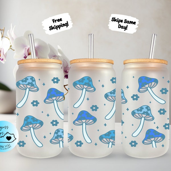 Retro Mushroom Glass Cup, Blue Floral Mushroom Iced Coffee Glass, Glass Tumbler Mother's Day Gift For For Her, Glass With Lid And Straw