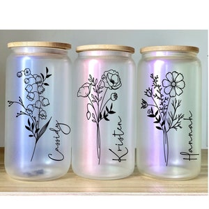 Personalized Tumbler With Name Gift For Mom Custom Coffee Mug With Floral Design With Birth Flower Glass Tumbler For Bridesmaid Gift