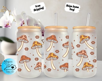 Retro Mushroom Glass Cup, Neutral Floral Mushroom Iced Coffee Glass, Glass Tumbler Mother's Day Gift For For Mom, Glass With Lid And Straw