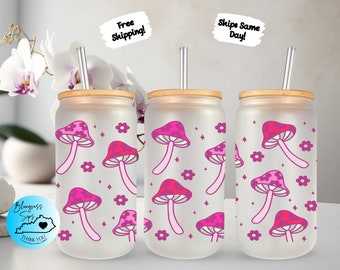 Retro Boho Mushroom Glass Cup, Pink Floral Mushroom Iced Coffee Glass, Glass Tumbler Mother's Day Gift For For Mom, Glass With Lid And Straw