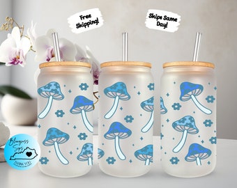 Retro Mushroom Glass Cup, Blue Floral Mushroom Iced Coffee Glass, Glass Tumbler Mother's Day Gift For For Her, Glass With Lid And Straw
