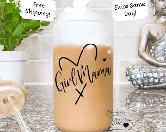 Girl Mama Gift, Mom Iced Coffee Glass Cup, Gifts for Mom, Pregnancy Announcement, Baby Shower Gift, Mom Era, Mother's Day Gift, Girl Mom