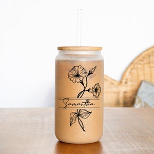 Personalized Birth Flower Tumbler With Name Gift For Mom Personalized Glass Coffee Mug Gift For Bridesmaid Flower Glass Tumbler