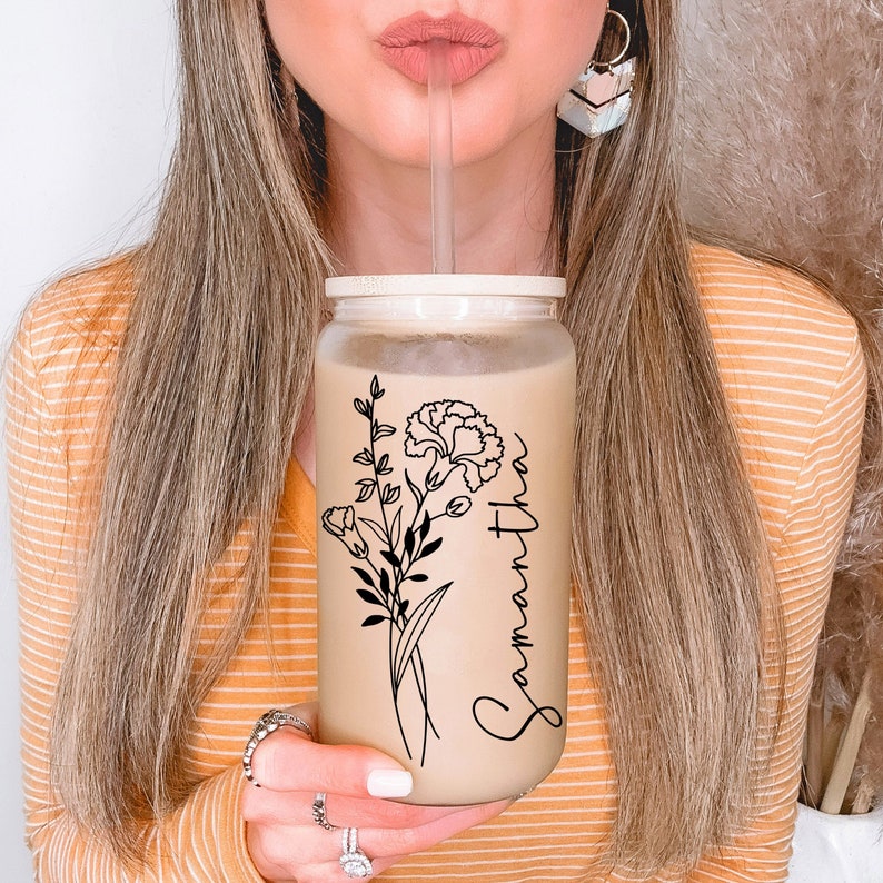 Personalized Glass Tumbler with Name and Birth Flower For Iced Coffee with Lid and Straw Gift for Her Birthday Gift Customized Gift for Mom Bridal Party Gift Bachelorette Party Gift Christmas Gift Party Favors Company Gift Personalized Gift