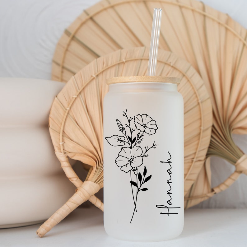Personalized Glass Tumbler with Name and Birth Flower For Iced Coffee with Lid and Straw Gift for Her Birthday Gift Customized Gift for Mom Bridal Party Gift Bachelorette Party Gift Christmas Gift Party Favors Company Gift Personalized Gift Darlify
