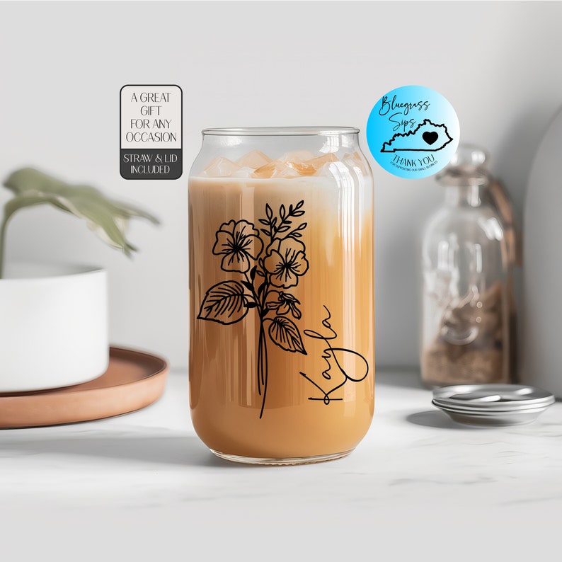 Personalized Birth Flower Coffee Cup With Name, Personalized Birth Flower Tumbler, Bridesmaid Proposal, Gifts For Her, Party Favor, Birthday Clear