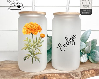 Birth Flower Personalized Glass Tumbler With Name Glass Cup Personalized Mothers Day Mug Gift for Her Birthday Bridesmaid Proposal Wedding