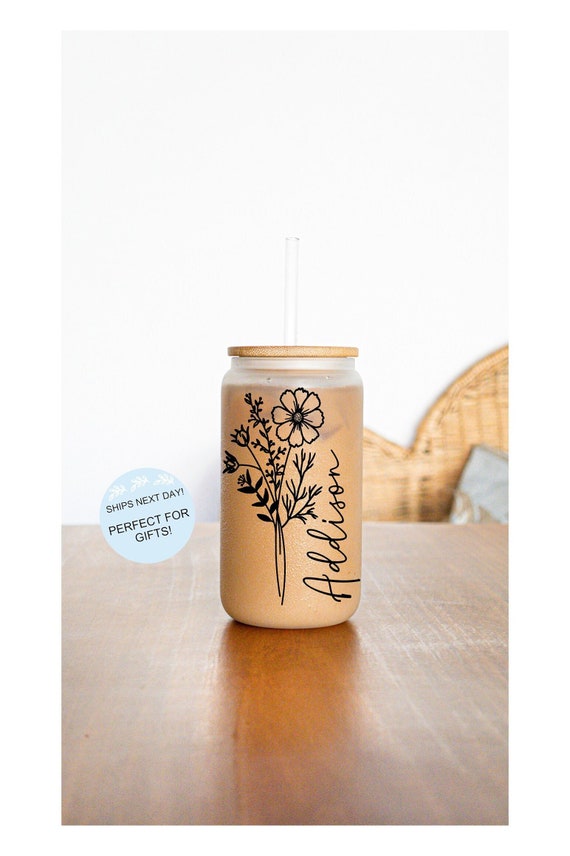 Personalized Glass Tumbler With Wood Lid, Bridesmaid Custom