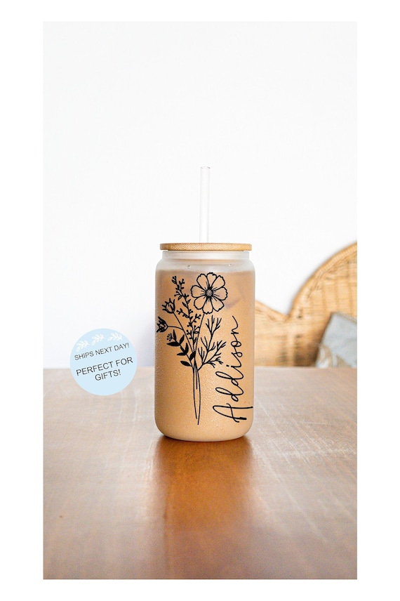 Personalized Glass Tumbler With Name Gifts For Bridesmaids Mom Custom Coffee Tumbler With Birth Flower Glass Tumbler For Bridesmaid Gift