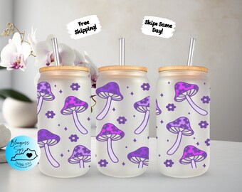 Retro Floral Mushroom Glass Cup, Magic Mushroom Iced Coffee Glass, Boho Glass Tumbler Mother's Day Gift For Mom, Glass With Lid And Straw