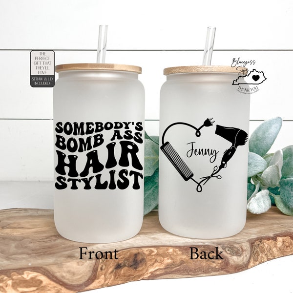 Hair Stylist Gift, Hair Stylist Iced Coffee Glass, Gift For Cosmetologist, Hair Dresser Personalized Gift For Her, Somebody's Bomb Ass