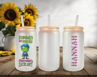 Personalized Halloween Glass Cup for Iced Coffee Spooky Season Custom Gift for Her Funny Zombie Halloween Glass Cup Tumbler Mug With Name