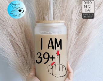 40th Birthday Gifts for Women, Glass Tumbler, Personalized 40th Birthday Gift for her, Turning 40 Gag Gift, Middle Finger Iced Coffee Cup