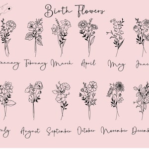 May include: A chart with black line drawings of flowers representing birth months. The months are listed below each flower: January, February, March, April, May, June, July, August, September, October, November, December.