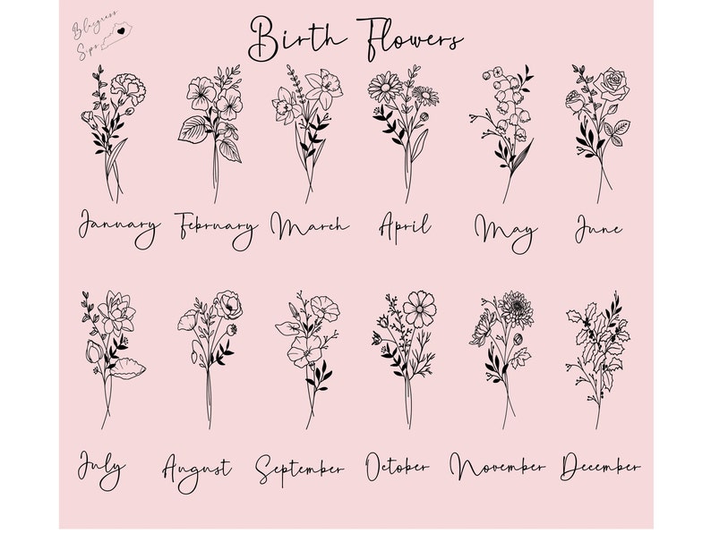 May include: A chart with black line drawings of flowers representing birth months. The months are listed below each flower: January, February, March, April, May, June, July, August, September, October, November, December.