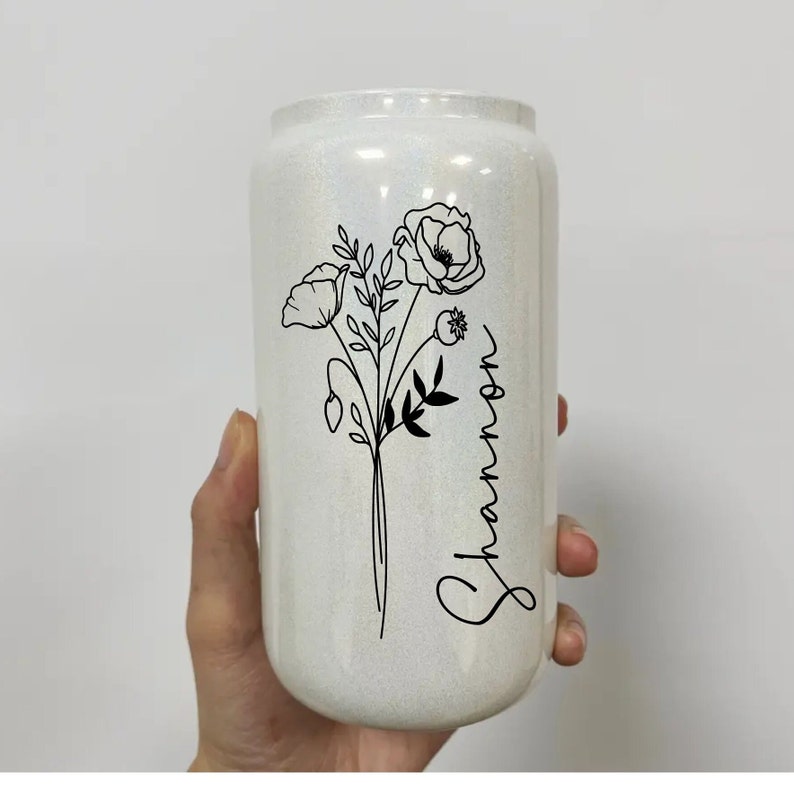Personalized Glass Tumbler with Name and Birth Flower For Iced Coffee with Lid and Straw Gift for Her Birthday Gift Customized Gift for Mom Bridal Party Gift Bachelorette Party Gift Christmas Gift Party Favors Company Gift Personalized Gift Darlify