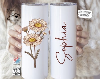 Personalized Tumbler With Name, Birth Flower Glass. Mothers Day Mug, Gift for Her Birthday, Bridesmaid Gift For Wedding Party, Daughter Gift