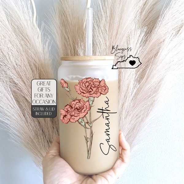 Personalized Birth Flower Tumbler With Name Birth Flower Glass Coffee Cup Mothers Day Gifts for Her Birthday Bridesmaid Proposal Party Favor