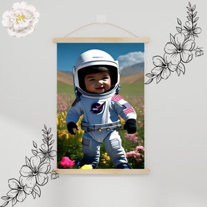 May include: A framed print of a baby dressed in a white astronaut suit with a blue helmet and a NASA logo on the chest. The baby is standing in a field of flowers.