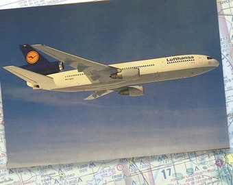 Cartolina da collezione di aeroplani, regalo Lufthansa McDonnell Douglas DC10, raro oggetto da collezione di compagnie aeree, stampa artistica d'epoca sull'aviazione, regalo per piloti
