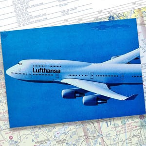 Lufthansa Boeing 747-400 above Coast Line | Postcard Collection | Airplane Enthusiast | Airline Postcards | Aviation Collector
