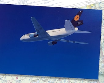 Cartolina da collezione di aeroplani, regalo Lufthansa McDonnell Douglas DC10, raro oggetto da collezione di compagnie aeree, stampa artistica d'epoca sull'aviazione, regalo per piloti