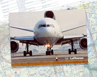 Cartolina da collezione di aeroplani, regalo Lufthansa McDonnell Douglas DC10, raro oggetto da collezione di compagnie aeree, stampa artistica d'epoca sull'aviazione, regalo per piloti