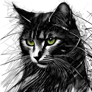 Contemporary Black and White Cat with Green Eyes Digital Download Printable Art, AI-Generated, Wall Art, Unique Decor, Home & Office Decor
