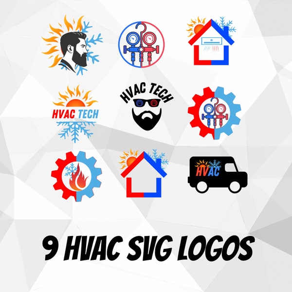 9 Heating and Cooling Logos SVG, PNG, PDF, Heating and Cooling, Heating, ventilation, and air conditioning business asset Bundle.
