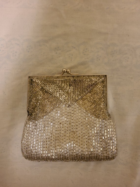 VINTAGE SCALLOPED EVENING BAG/PURSE - BLACK, GOLD & SILVER BEADED by LA  REGALE