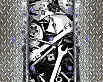 May include: A black and white photograph of a selection of tools and hardware, including spanners, gears, and a saw blade, arranged in a metal container.