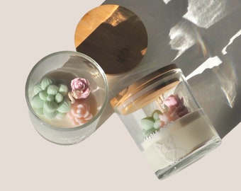 Succulent Terrarium Candle |  100% Soy Wax Candle w/ Essential Oil | Glass Jar and Bamboo Lid