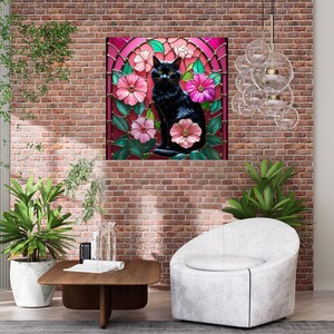 Black Cat Floral Canvas Art - Vibrant Floral Design in Jewel Tones Home Decor, Cat Lover Gift, Pet Art, Vibrant Wall Decor, Nature Inspired