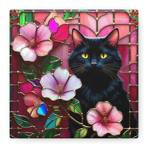 Black Cat Art Canvas Print, Perfect for Cat Lovers, Home Decor, Gift for Pet Owners, Floral Wall Art, Colorful Canvas
