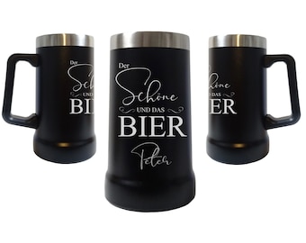 Lasergravierter Edelstahl Bierkrug - Der Schöne und das Bier- Personalisiert