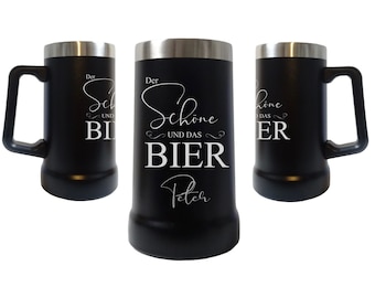 Laser engraved stainless steel beer mug - The Beauty and the Beer - Personalized