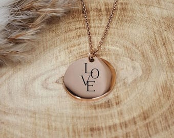 Necklace LOVE - rose, gold or silver - engraving - fashion jewelry - gift