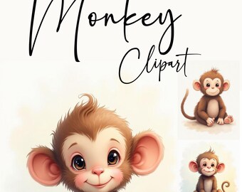 Monkey - Watercolor - Clipart - Digital Download - Nursery - Motif - JPEG - Motif