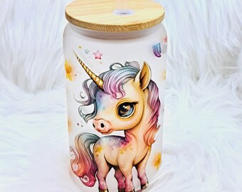 Personalized unicorn glass, milk glass look, bamboo lid, straw