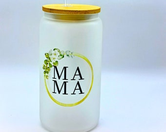 Mama glass personalized, milk glass look with bamboo lid