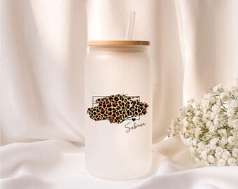 Iced coffee glass | Heart | Leopard print | Frosted glass | Gift | Personalized - ToGo - Vacation - Summer - Cocktail