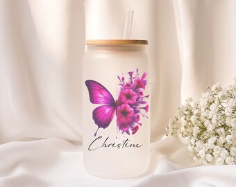 Iced coffee glass | Frosted glass | Gift | Butterfly | Flower | ToGo | Lid | Straw | Summer