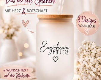 Personalized iced coffee glass with name and saying - Teacher with heart | Frosted glass | Gift - Farewell - Thank you - Kindergarten