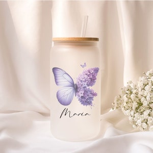Iced coffee glass | Frosted glass | Gift | Butterfly | Flower | ToGo | Lid | Straw | Summer