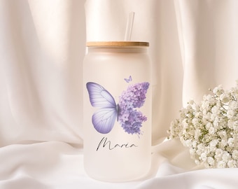 Iced coffee glass | Frosted glass | Gift | Butterfly | Flower | ToGo | Lid | Straw | Summer
