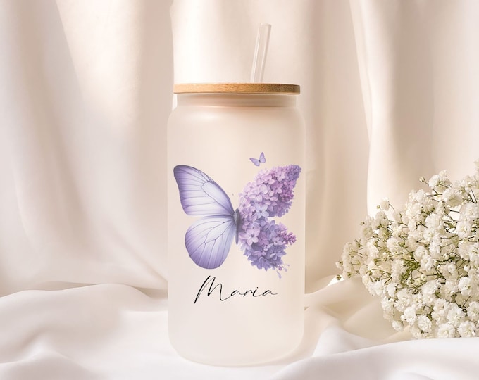 Featured listing image: Iced coffee glass | Frosted glass | Gift | Butterfly | Flower | ToGo | Lid | Straw | Summer