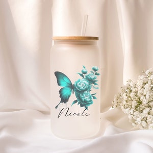 Iced coffee glass | Frosted glass | Gift | Butterfly | Flower | ToGo | Lid | Straw | Summer