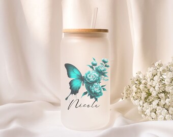 Iced coffee glass | Frosted glass | Gift | Butterfly | Flower | ToGo | Lid | Straw | Summer