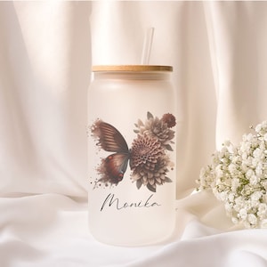Iced coffee glass | Frosted glass | Gift | Butterfly | Flower | ToGo | Lid | Straw | Summer